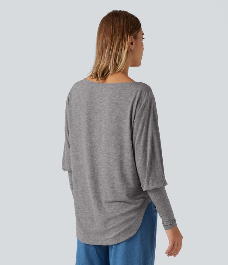 Boat Neck Long Batwing Sleeve Curved Hem Casual Wool-Blend Top