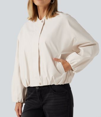 Round Neck Long Sleeve Casual Bomber Jacket with Pockets
