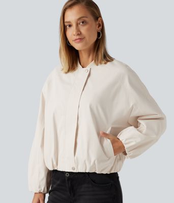 Round Neck Long Sleeve Casual Bomber Jacket with Pockets