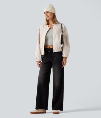 Round Neck Long Sleeve Casual Bomber Jacket with Pockets