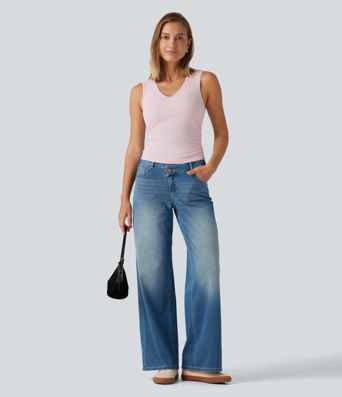 V Neck Ruched Built-in Bra Casual Tank Top V Neck Ruched Built-in Bra Casual Tank Top