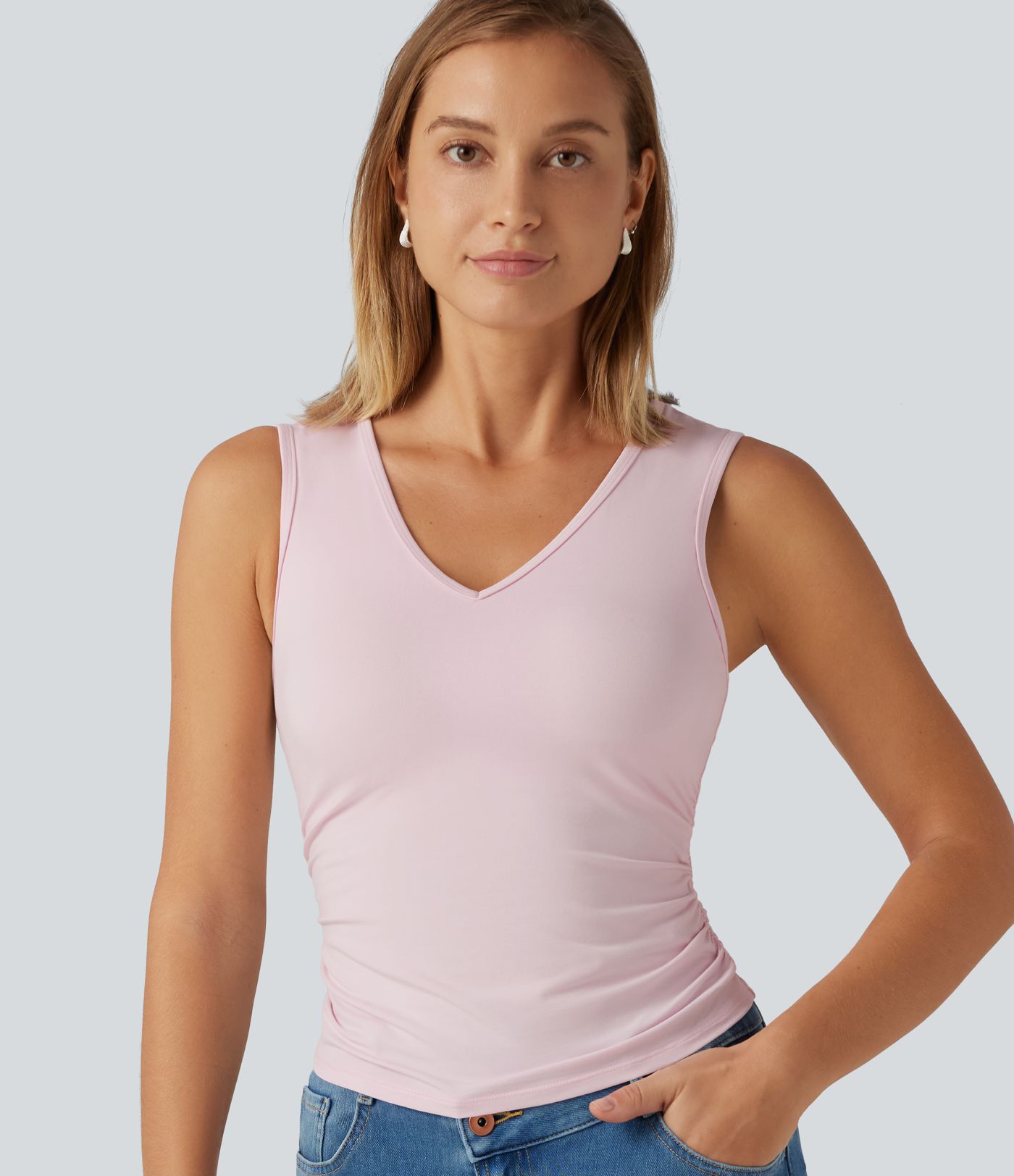 V Neck Ruched Built-in Bra Casual Tank Top V Neck Ruched Built-in Bra Casual Tank Top