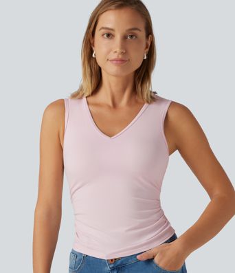 V Neck Ruched Built-in Bra Casual Tank Top V Neck Ruched Built-in Bra Casual Tank Top