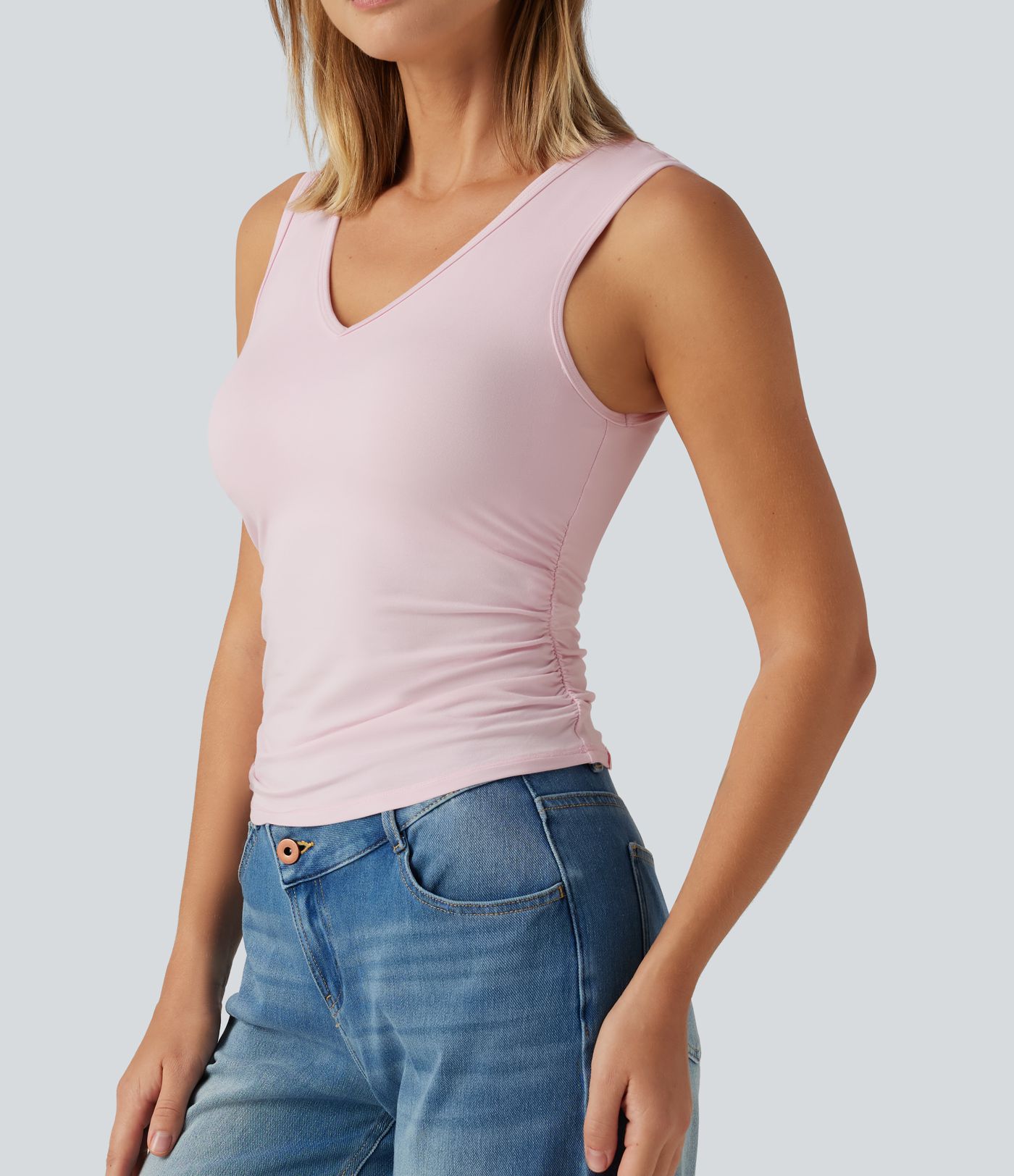 V Neck Ruched Built-in Bra Casual Tank Top V Neck Ruched Built-in Bra Casual Tank Top