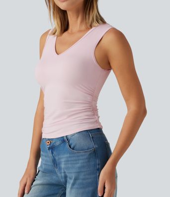 V Neck Ruched Built-in Bra Casual Tank Top V Neck Ruched Built-in Bra Casual Tank Top