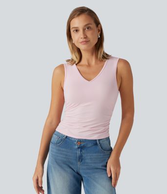 V Neck Ruched Built-in Bra Casual Tank Top V Neck Ruched Built-in Bra Casual Tank Top