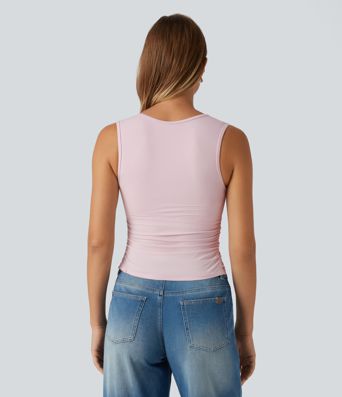 V Neck Ruched Built-in Bra Casual Tank Top V Neck Ruched Built-in Bra Casual Tank Top