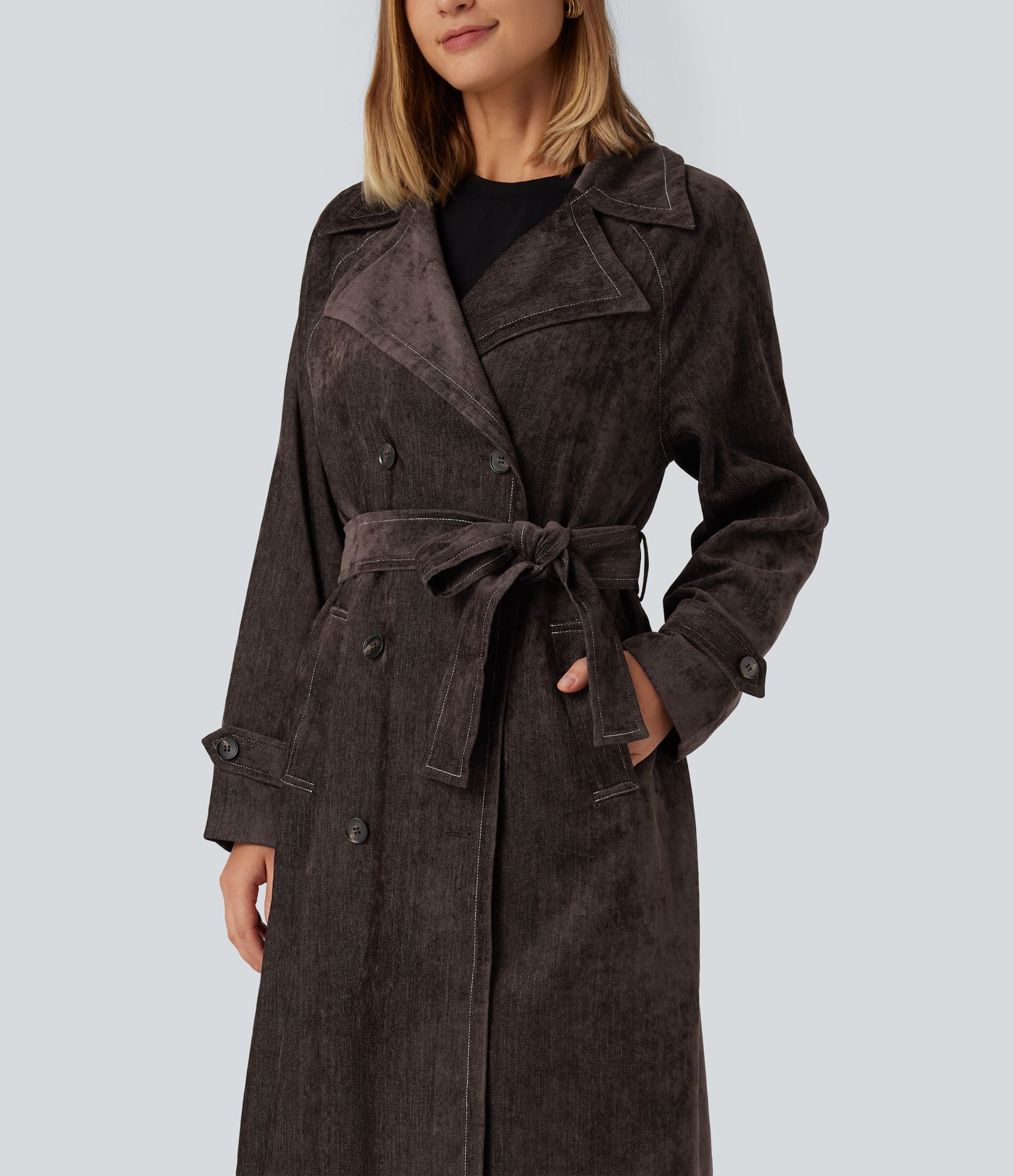 Long Sleeve Belted Longline Work Jacket with Pockets