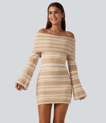 Robe pull mini moulante à épaules dénudées et manches longues à volants Robe pull mini moulante à épaules dénudées et manches longues à volants