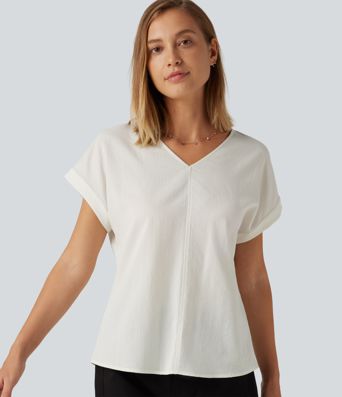 V Neck Short Sleeve Linen-Feel Casual Blouse