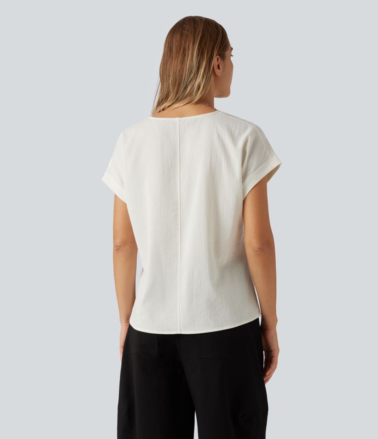 V Neck Short Sleeve Linen-Feel Casual Blouse