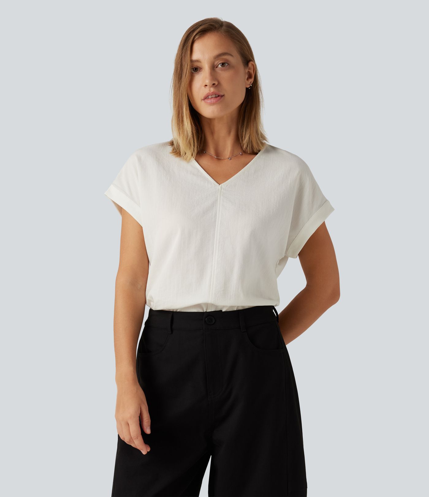 V Neck Short Sleeve Linen-Feel Casual Blouse
