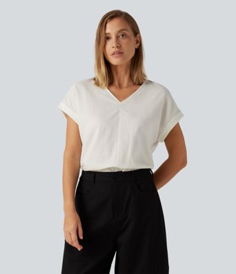 V Neck Short Sleeve Linen-Feel Casual Blouse
