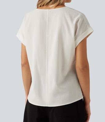 V Neck Short Sleeve Linen-Feel Casual Blouse