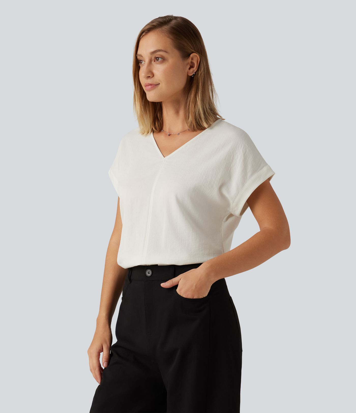 V Neck Short Sleeve Linen-Feel Casual Blouse