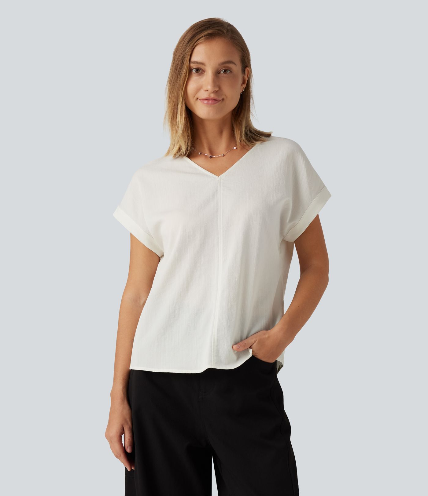 V Neck Short Sleeve Linen-Feel Casual Blouse