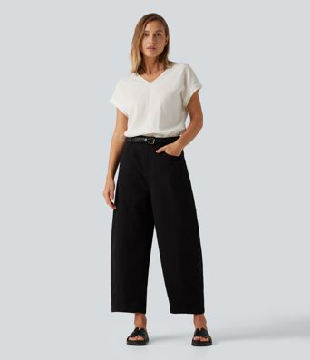 V Neck Short Sleeve Linen-Feel Casual Blouse