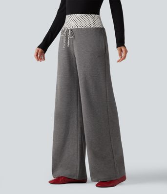 Mid Rise Drawstring Straight Leg Polka Dot Quick Dry Casual Sweatpants with Pockets