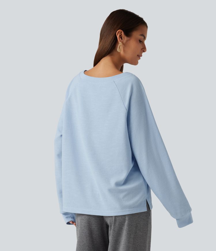 Boat Neck Raglan Long Sleeve Built-in Bra Casual Cotton Sweatshirt