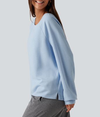 Boat Neck Raglan Long Sleeve Built-in Bra Casual Cotton Sweatshirt