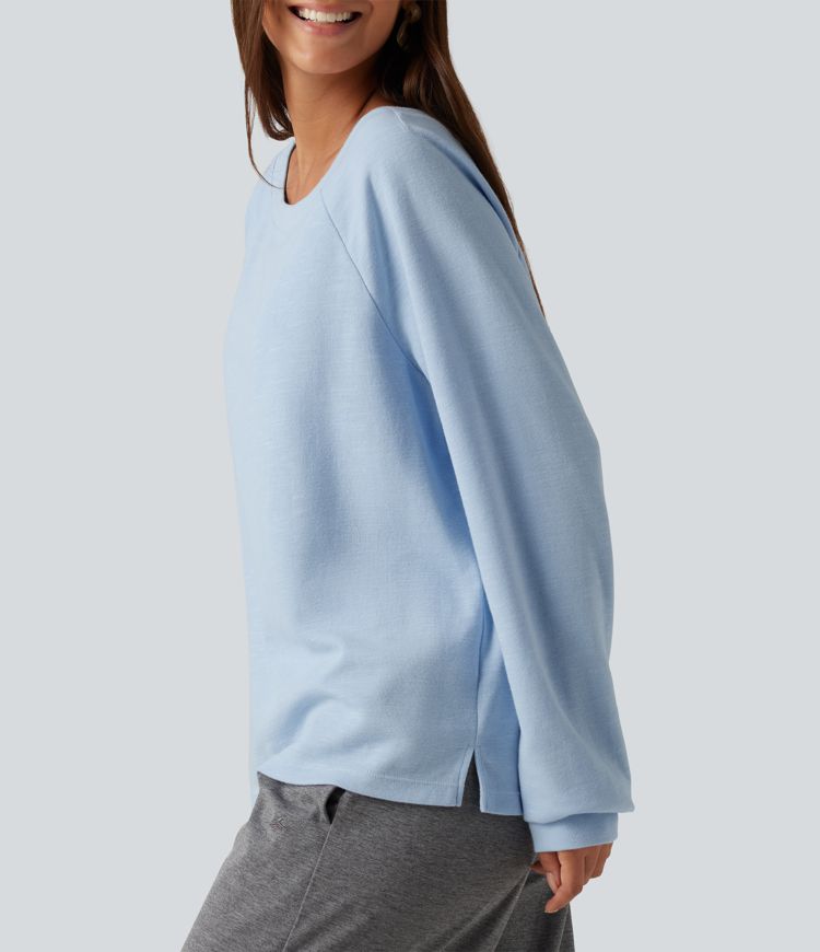 Boat Neck Raglan Long Sleeve Built-in Bra Casual Cotton Sweatshirt