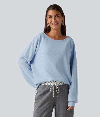 Boat Neck Raglan Long Sleeve Built-in Bra Casual Cotton Sweatshirt