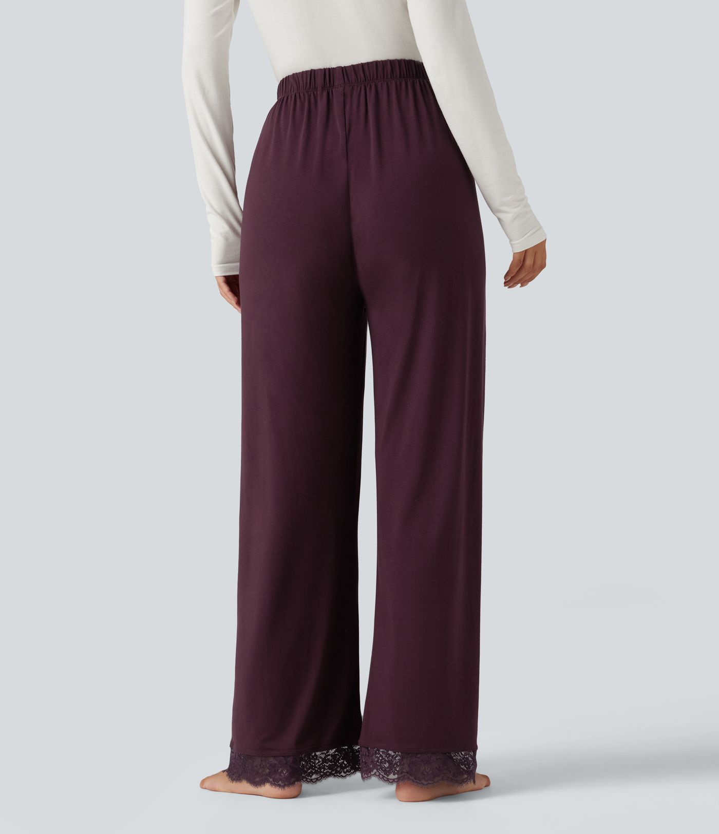 Mid Rise Contrast Lace Wide Leg Lounge Pants with Pockets
