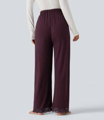 Mid Rise Contrast Lace Wide Leg Lounge Pants with Pockets