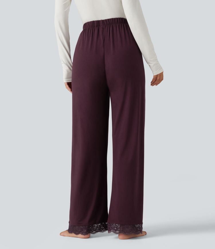 Mid Rise Contrast Lace Wide Leg Lounge Pants with Pockets
