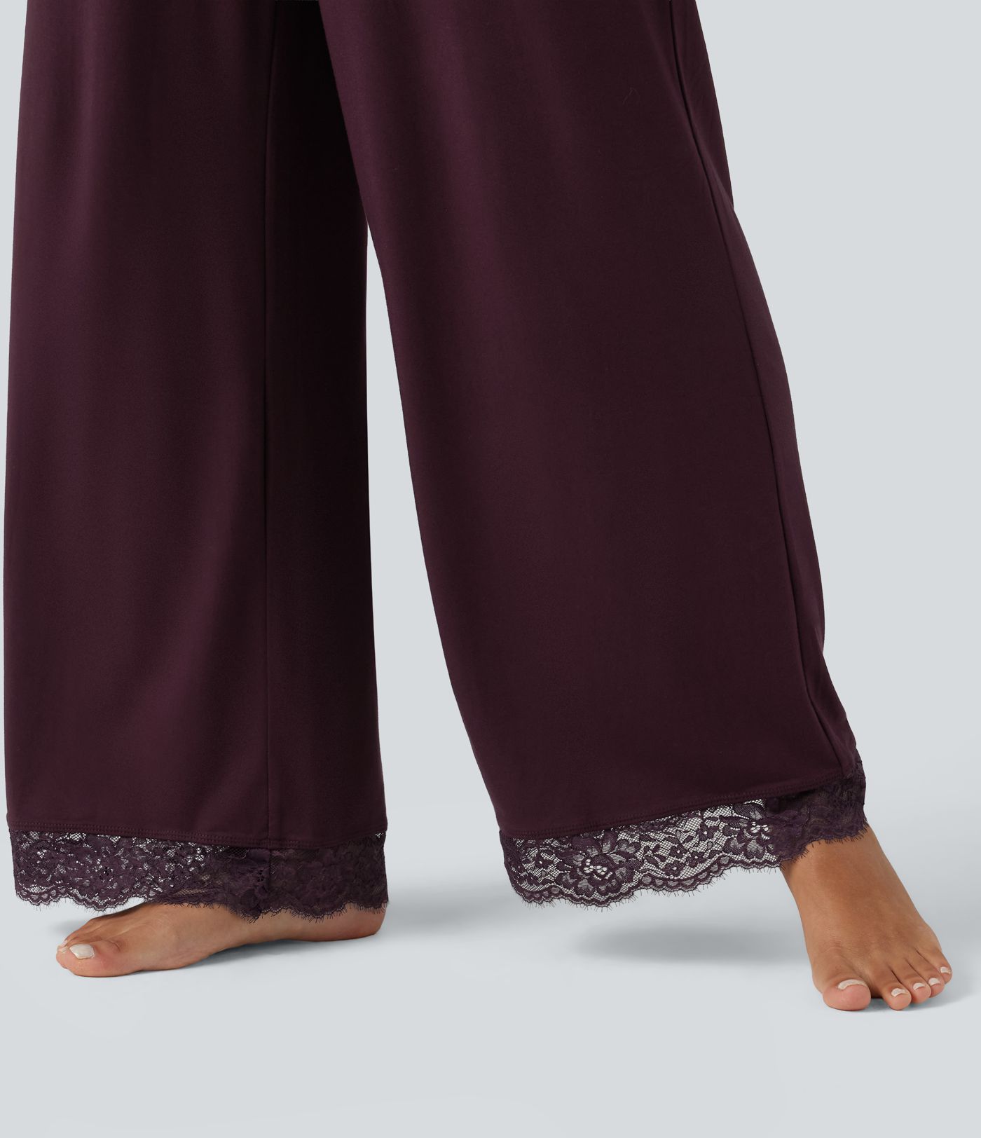Mid Rise Contrast Lace Wide Leg Lounge Pants with Pockets