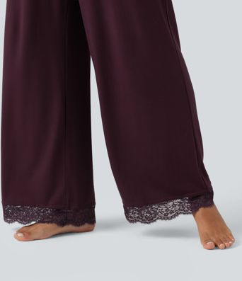 Mid Rise Contrast Lace Wide Leg Lounge Pants with Pockets