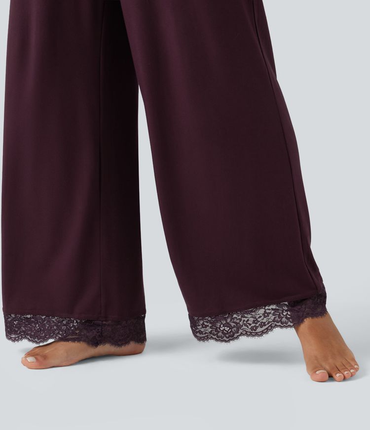 Mid Rise Contrast Lace Wide Leg Lounge Pants with Pockets
