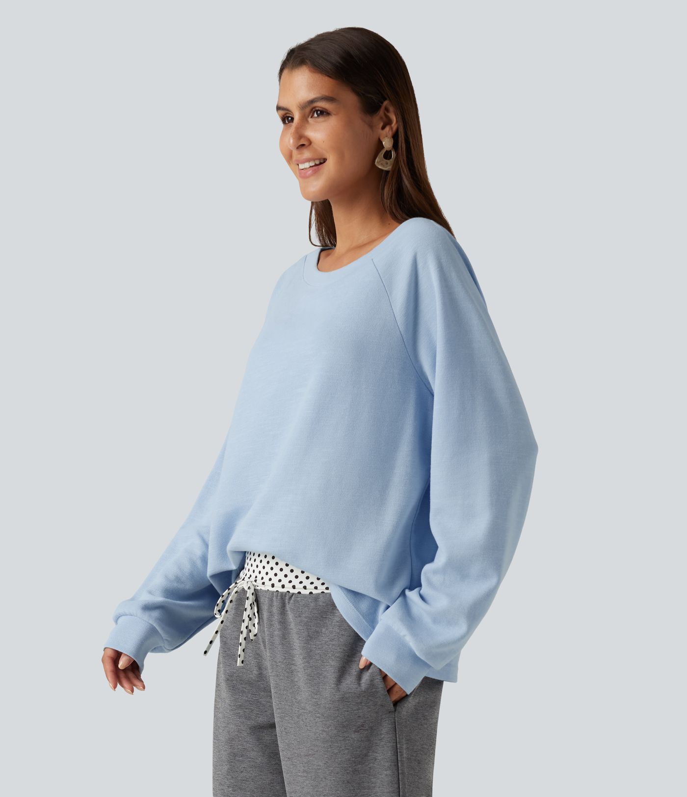Boat Neck Raglan Long Sleeve Built-in Bra Casual Cotton Sweatshirt