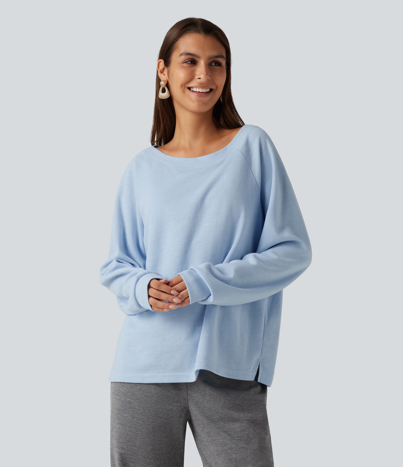Boat Neck Raglan Long Sleeve Built-in Bra Casual Cotton Sweatshirt