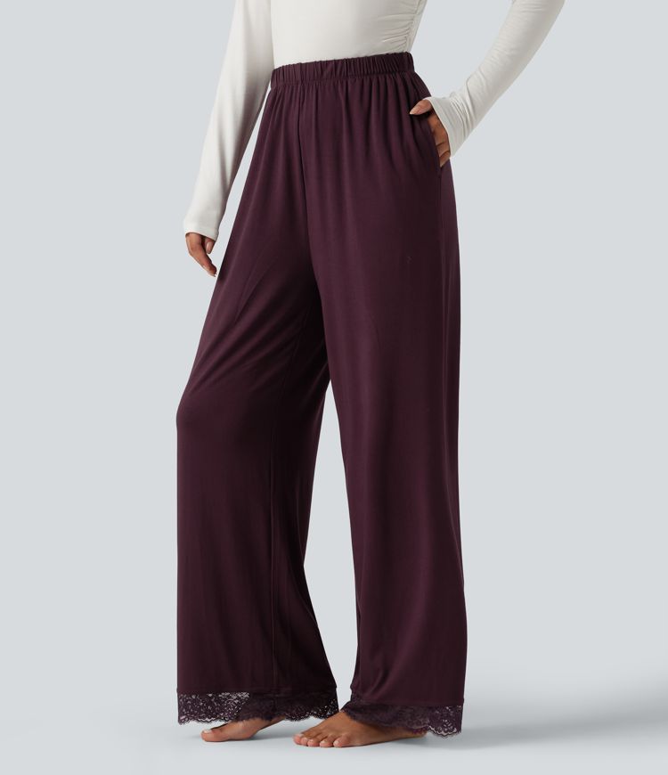 Mid Rise Contrast Lace Wide Leg Lounge Pants with Pockets