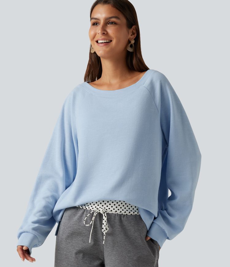 Boat Neck Raglan Long Sleeve Built-in Bra Casual Cotton Sweatshirt