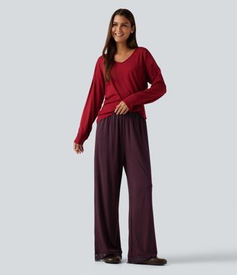 Mid Rise Contrast Lace Wide Leg Lounge Pants with Pockets