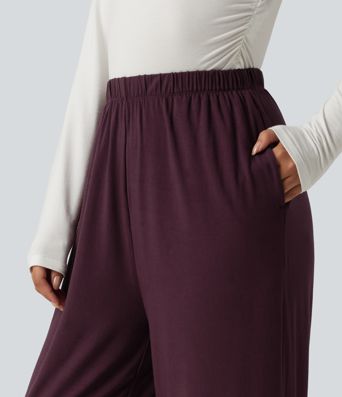 Mid Rise Contrast Lace Wide Leg Lounge Pants with Pockets