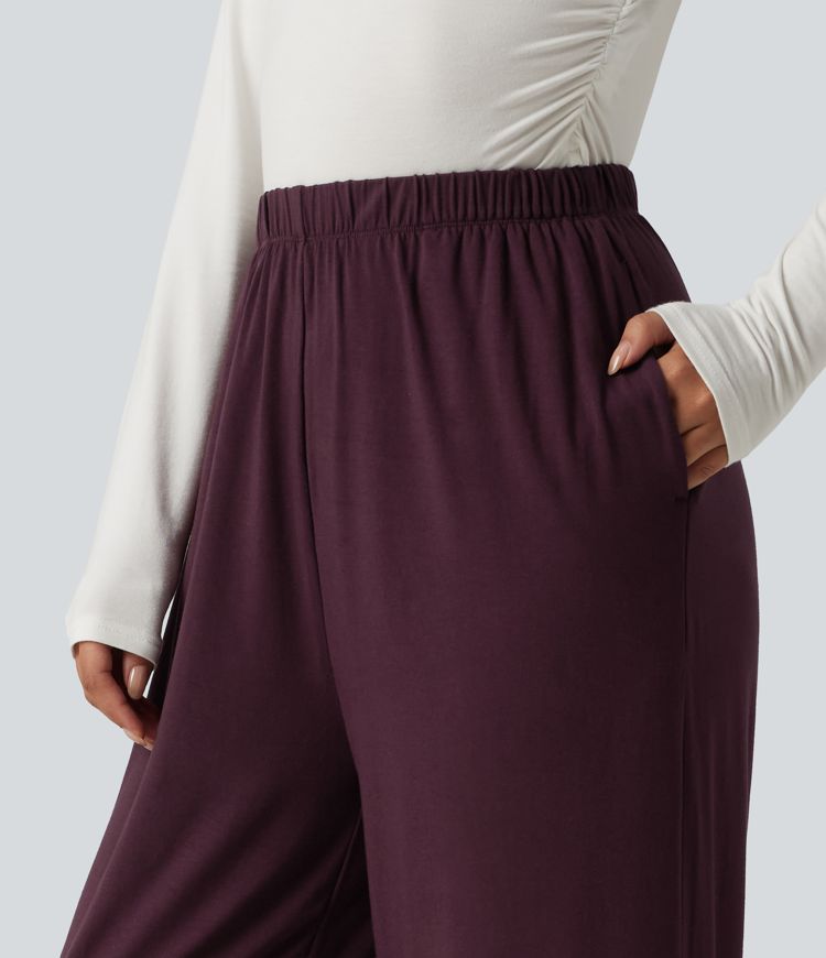 Mid Rise Contrast Lace Wide Leg Lounge Pants with Pockets