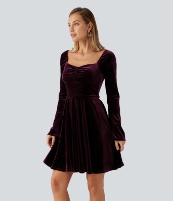 Diamond Collar Long Sleeve Ruched A-Line Velvet Mini Party Dress with Pockets