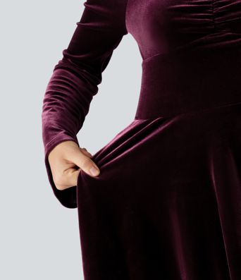 Diamond Collar Long Sleeve Ruched A-Line Velvet Mini Party Dress with Pockets
