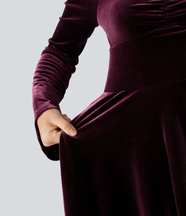 Diamond Collar Long Sleeve Ruched A-Line Velvet Mini Party Dress with Pockets