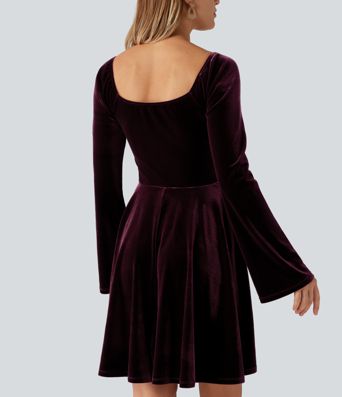 Diamond Collar Long Sleeve Ruched A-Line Velvet Mini Party Dress with Pockets