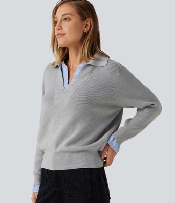 Collared V Neck Long Sleeve 2-in-1 Work Sweater Collared V Neck Long Sleeve 2-in-1 Work Sweater