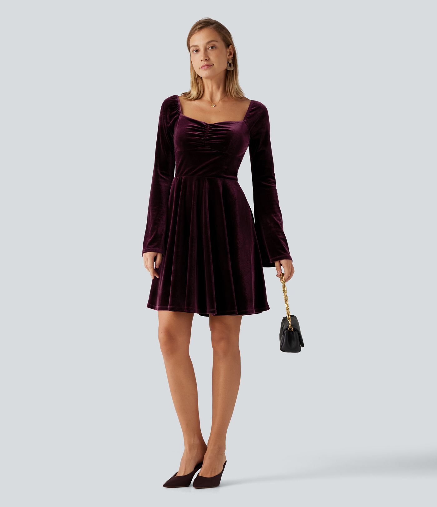 Diamond Collar Long Sleeve Ruched A-Line Velvet Mini Party Dress with Pockets