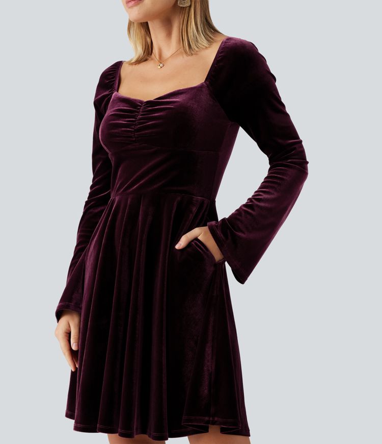Diamond Collar Long Sleeve Ruched A-Line Velvet Mini Party Dress with Pockets