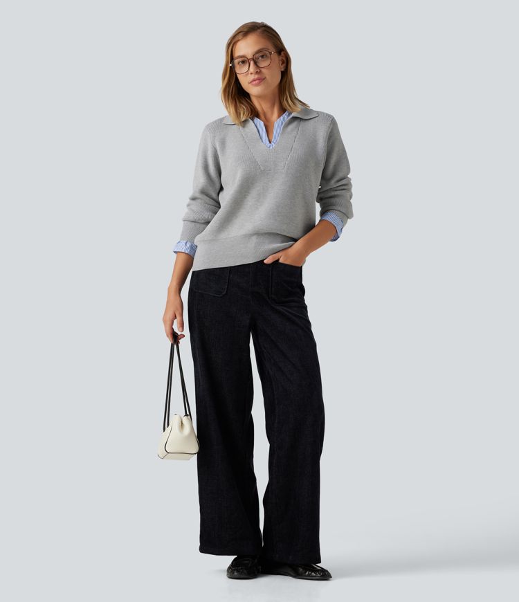 Collared V Neck Long Sleeve 2-in-1 Work Sweater Collared V Neck Long Sleeve 2-in-1 Work Sweater
