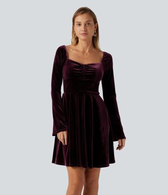 Diamond Collar Long Sleeve Ruched A-Line Velvet Mini Party Dress with Pockets