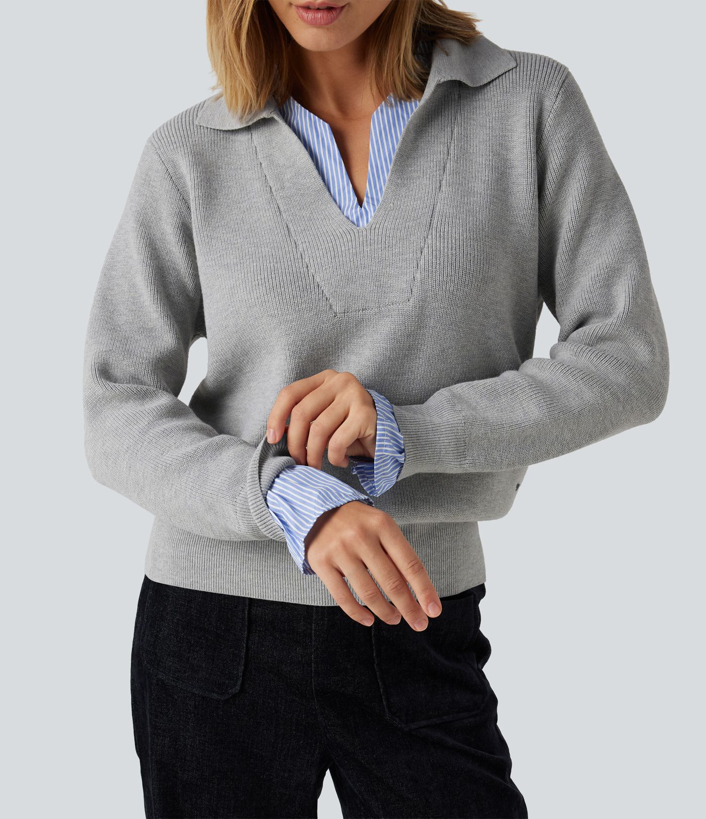 Collared V Neck Long Sleeve 2-in-1 Work Sweater Collared V Neck Long Sleeve 2-in-1 Work Sweater