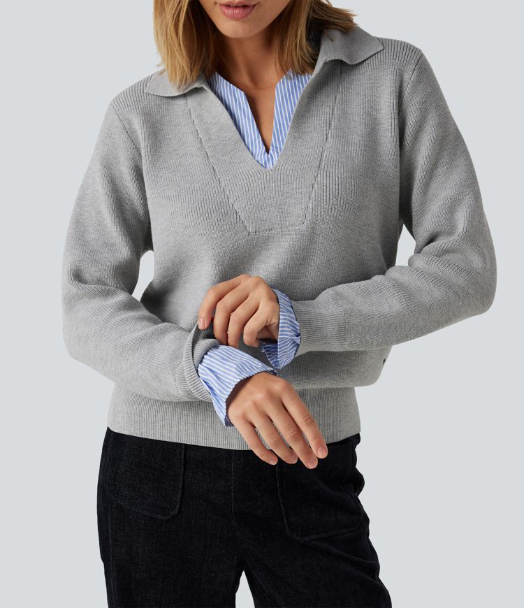 Collared V Neck Long Sleeve 2-in-1 Work Sweater Collared V Neck Long Sleeve 2-in-1 Work Sweater
